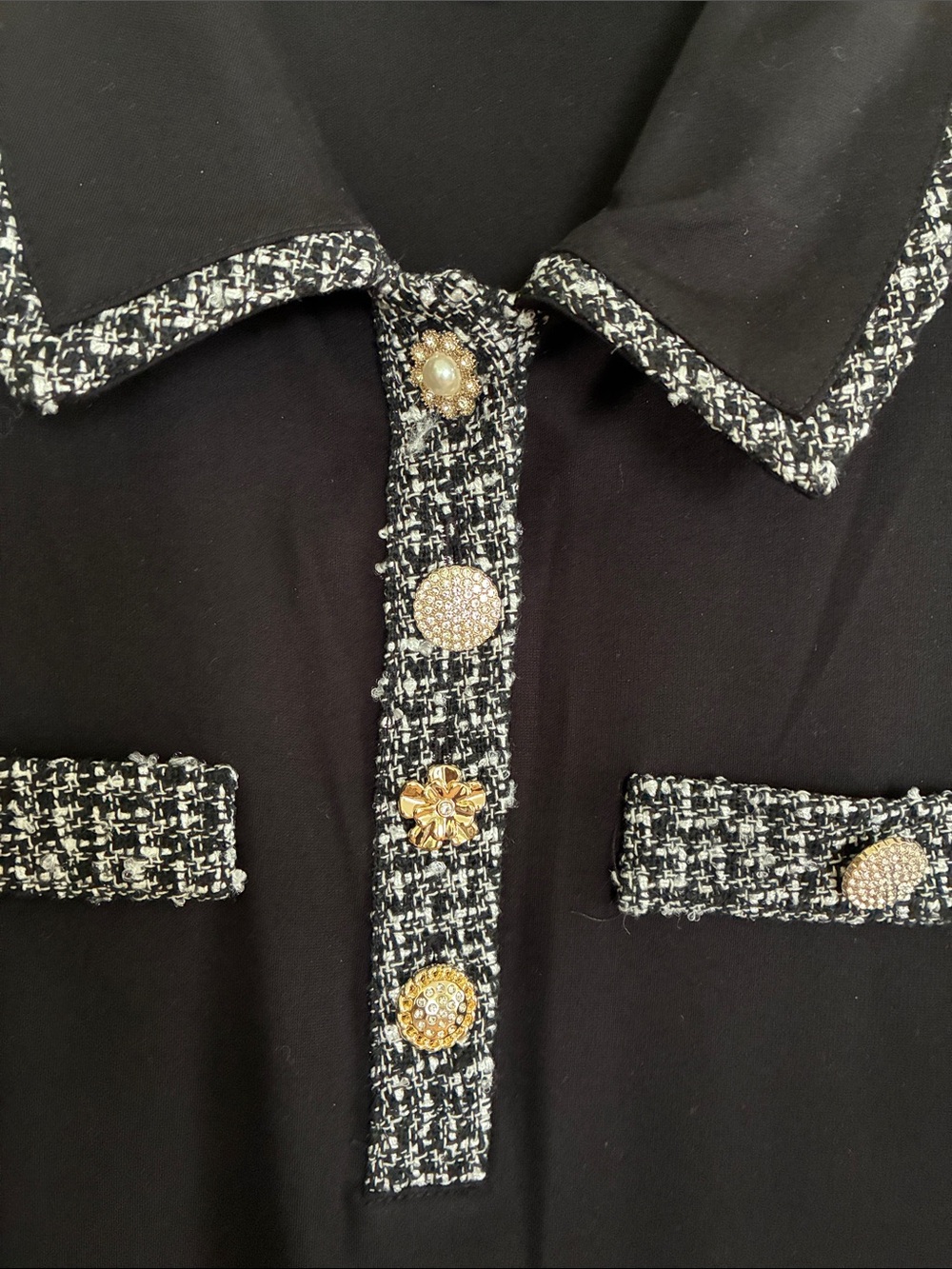 Karl Lagerfeld Black Short-Sleeve Polo with Tweed Trim - Picture 3 of 6